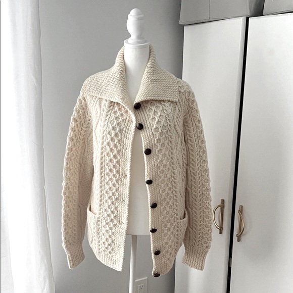 Sweaters - Wool Knit Cardigan with Leather Like Button Closure